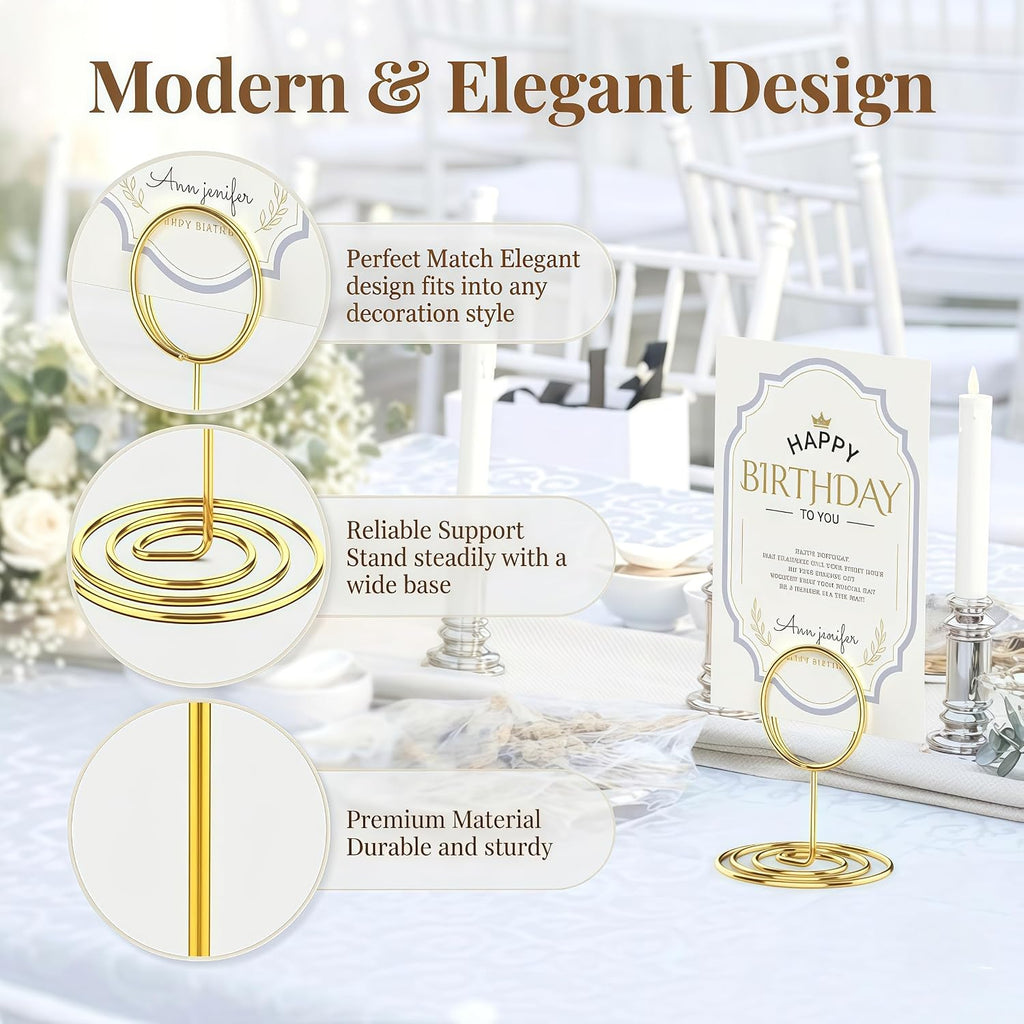 20 Pcs Gold Table Number Holders, 2.5-Inch Place Card Holders With Widened Base, Wire Photo Stands for Tables, Name