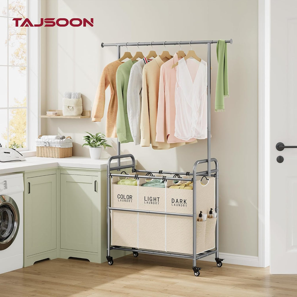 Laundry Hamper with Hanging Rack, Laundry Sorter 3 Section, Beige | 39 Gal Rolling Laundry Cart with Heavy Duty