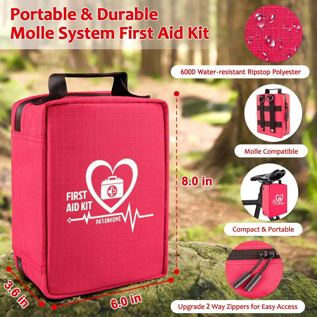 First Aid Kit with Rapid-Response Labeled Compartments, Compact Waterproof Emergency Kit with Molle Straps for Car
