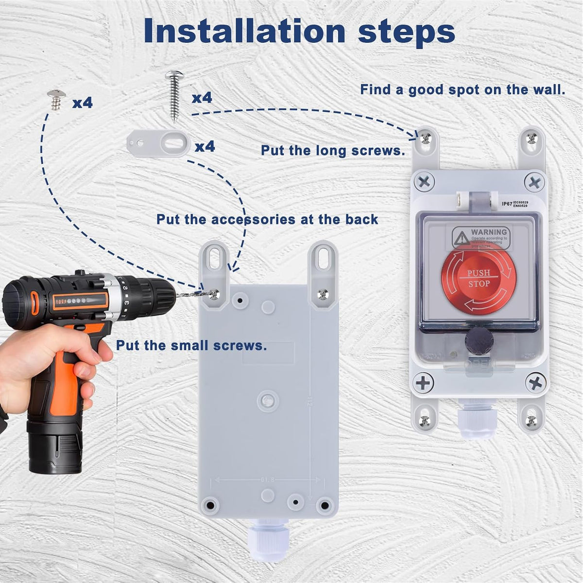 Emergency Stop Button with Box,10A 440V Emergency Shut Off Switch, IP65 Waterproof E-Stop Push Button Switch