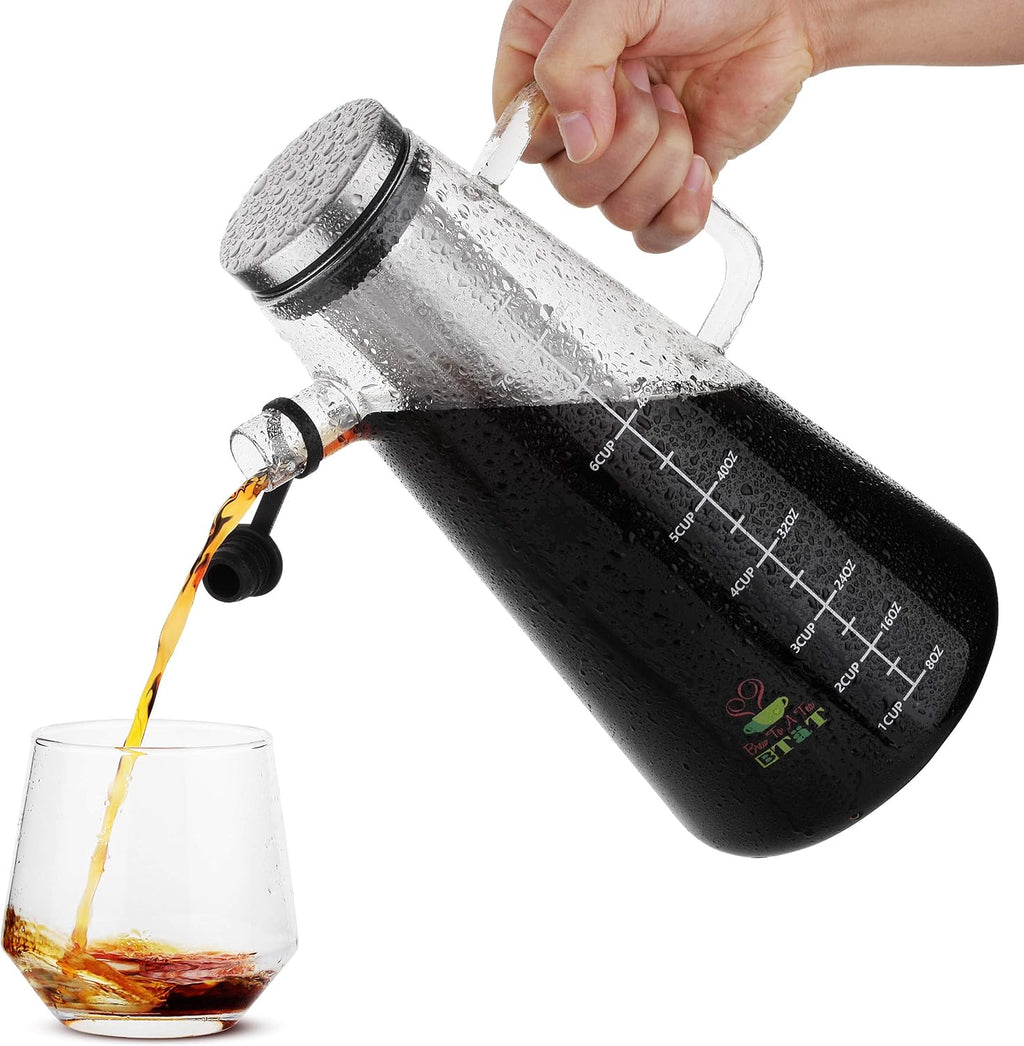 BTaT- Airtight Cold Brew Coffee Maker Pitcher, 2 Liter / 64 oz | Iced Tea Maker with Spout Brewing Glass Carafe