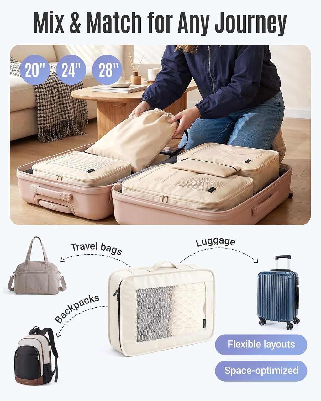 8 Set Packing Cubes for Travel, Cruise Ship Travel Essentials | 8-Pack Packing Bags, Mesh Luggage Organizer Bags &