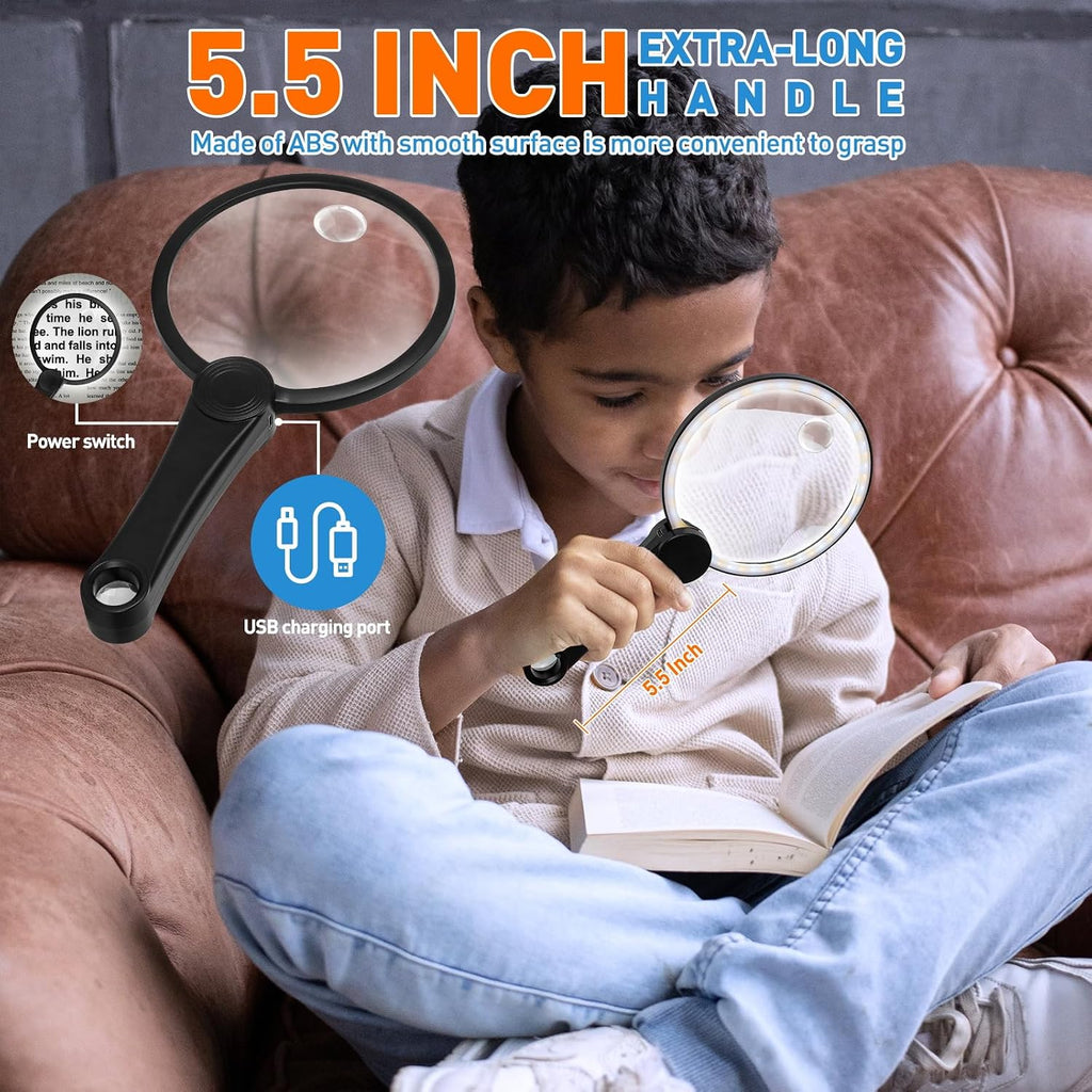 15X Rechargeable Magnifier with Light, Handheld Magnifying Glass | 20 Daylight LEDs, 3 Gear Dimming, 4.33 Inch Large
