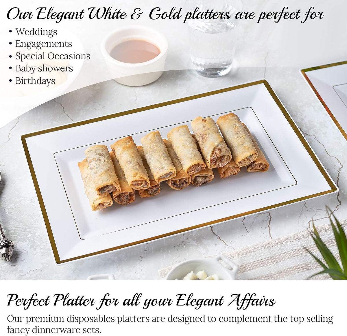 Elegant Plastic Serving Tray & Platter Set (6pk) - White & Gold Rim Disposable Serving Trays & Platters for Food