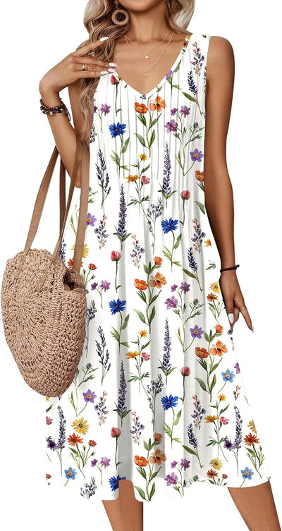 Women Summer Casual Dresses 2026 Sleeveless Midi Pleated Tank Sundress with Pockets V Neck A Line Swing Tshirt Dress