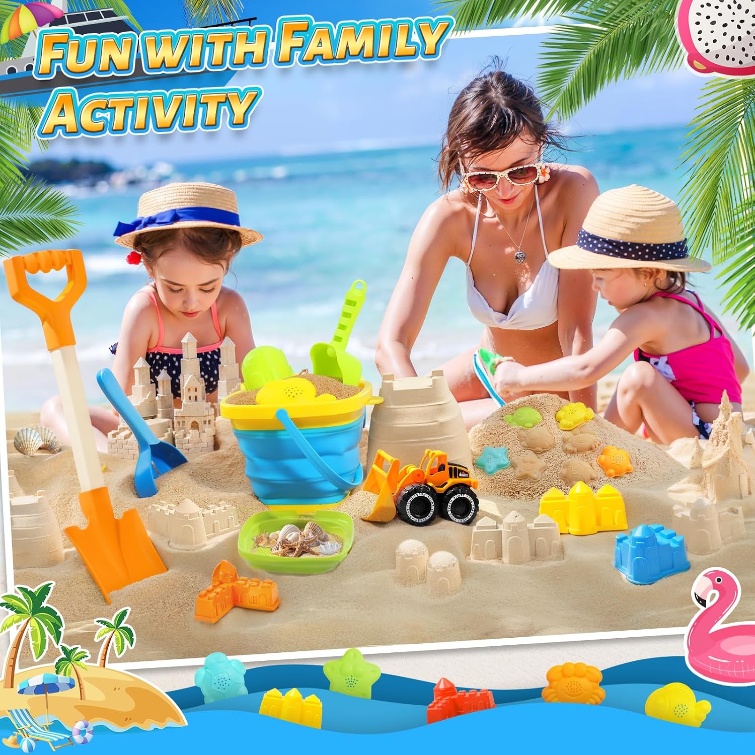 Collapsible Beach Sand Toys for Kids, Sandbox Toys Summer Travel Essentials | Includes Bucket, Sand Shovel, Beach