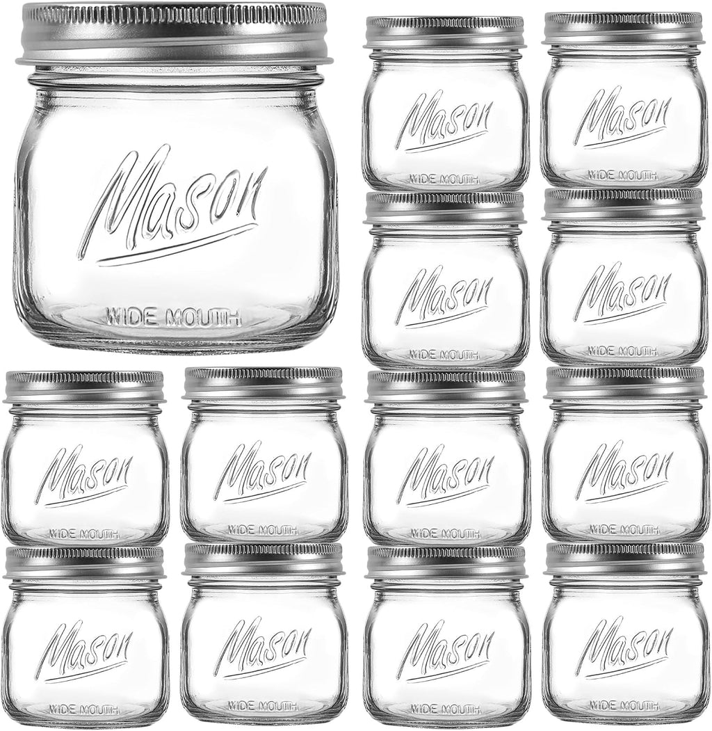 12PCS Wide Mouth Mason Jars 16oz with Airtight Lids and Bands