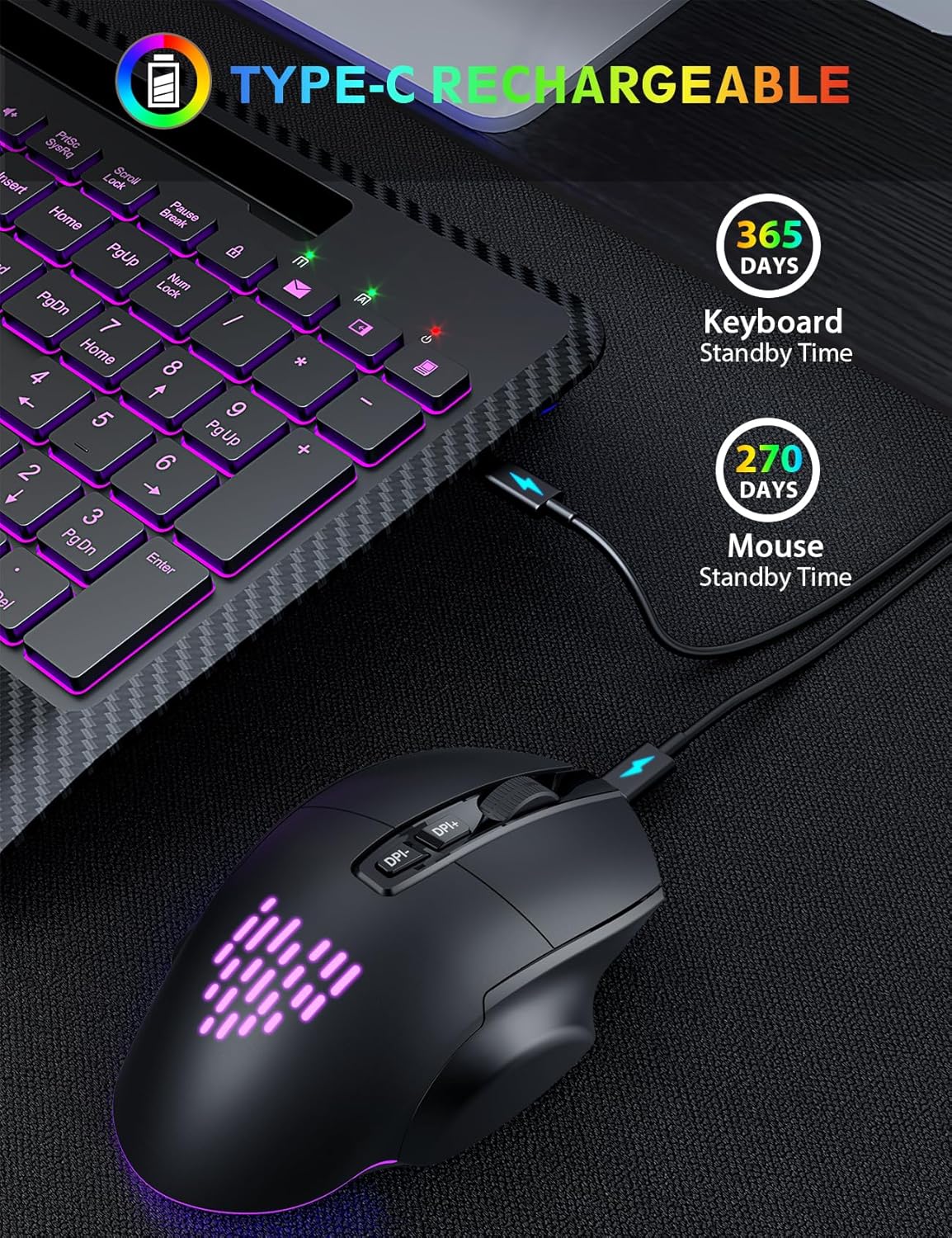 Wireless Keyboard and Mouse Combo, Backlit Scissor Keys, Wrist Rest | 7-Color Backlight, Phone Holder, Rechargeable