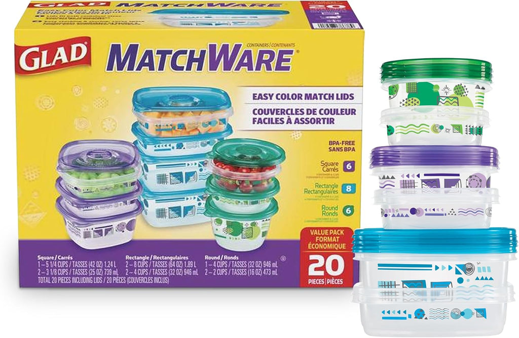 GladWare MatchWare Food Storage Containers with Lids, BPA Free Reusable Plastic 20 Piece Variety Pack for Lunches