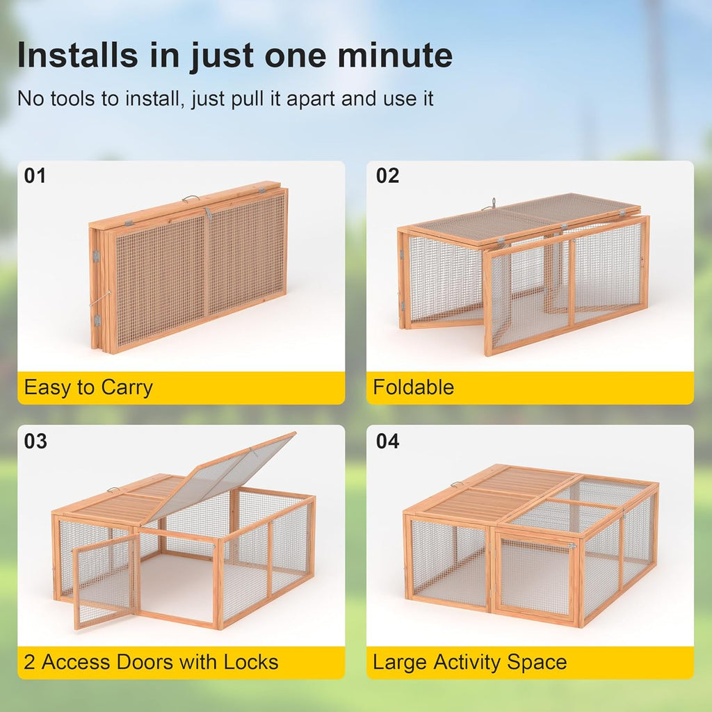 Chicken Coop, Folding Rabbit Hutch w/Handle Wooden Chicken Cage Pens w/Top & Sidewall Opening Doors Portable Small