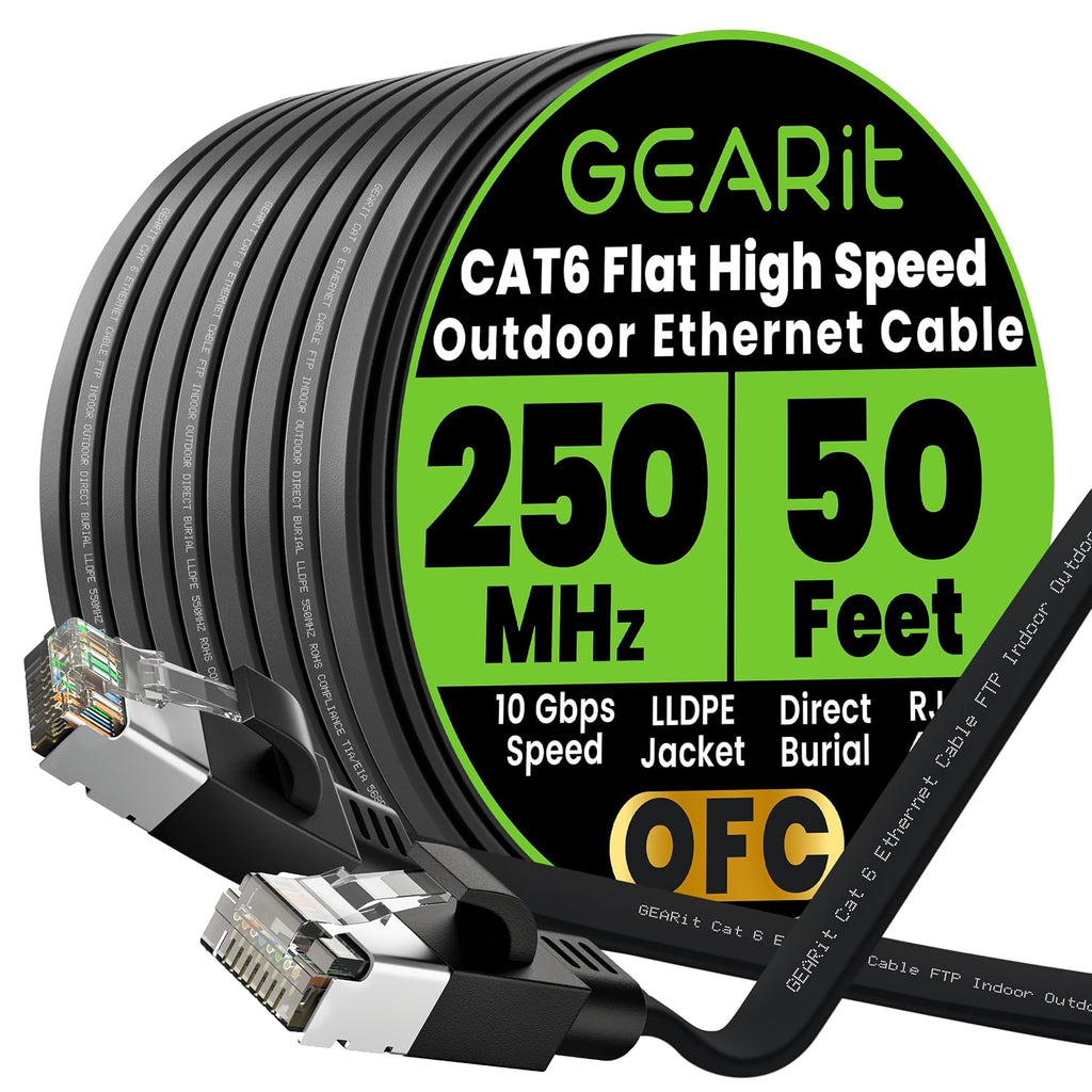 Cat 6 Outdoor Flat Ethernet Cable (50ft, Black) Direct Burial Rated LLDPE Jacket - Indoor Cat6 Shielded FTP 10Gbps