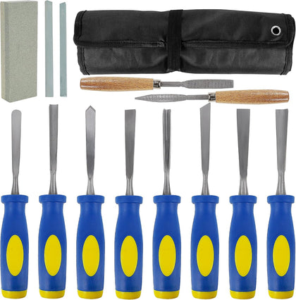13 PCS Wood Chisel Set with Canvas Bag | Wood Carving Tool Set, Steel Beveled Chisel Tools, Rubber Handles, Rasps and