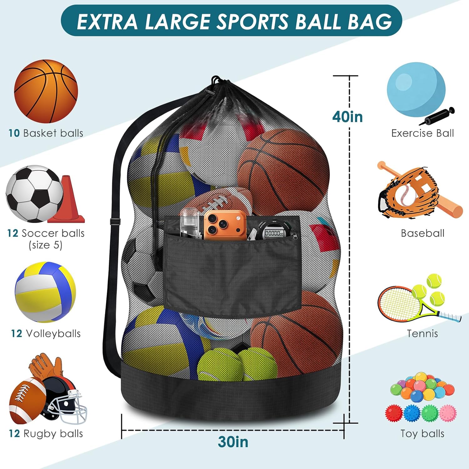 Extra Large Soccer Ball Net Bag, 40" x 30" Drawstring Mesh Ball Bag | with Zipper Pocket, Sports Equipment Bag for