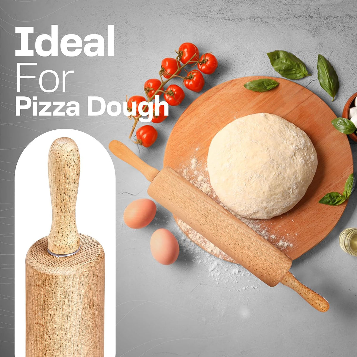 Wooden Rolling Pin, Beech Wood, 17.6" Dough Roller for Baking