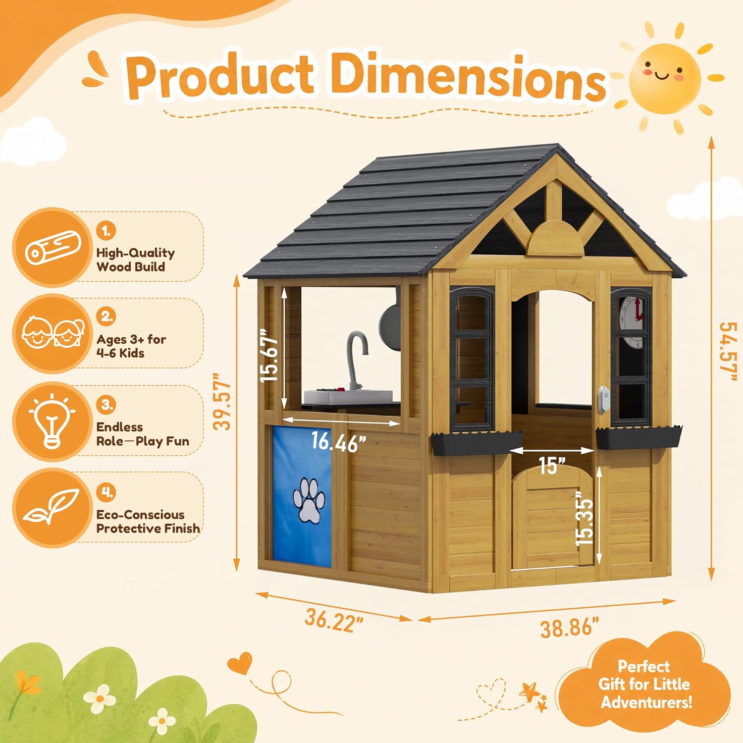 Kids Outdoor Playhouse Wood Play House Pretend PlayGames for Toddlers Ages 3-8 with Play Kitchen,Snack Bar,Pet