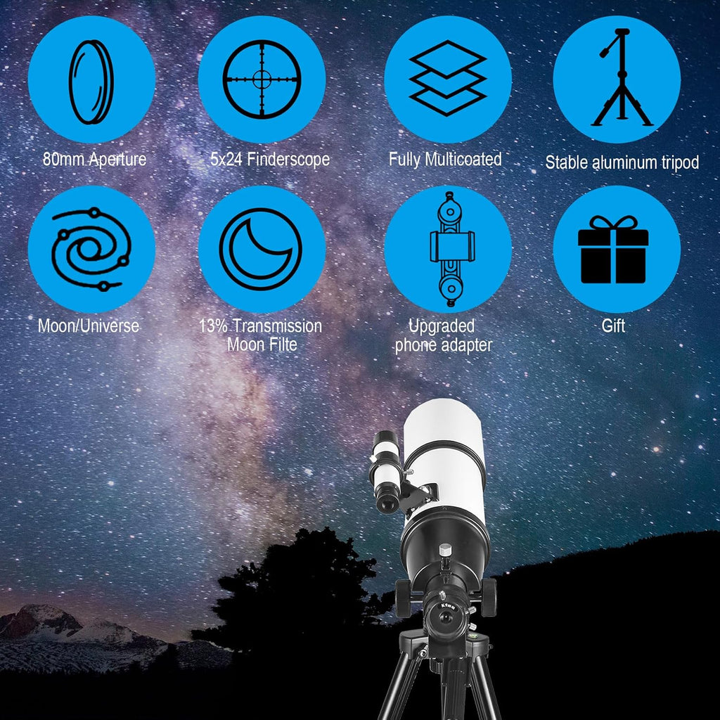 Telescope for Adults High Powered, 80mm Aperture 600mm AZ Mount Refractor Telescope for Kids Beginners - Portable