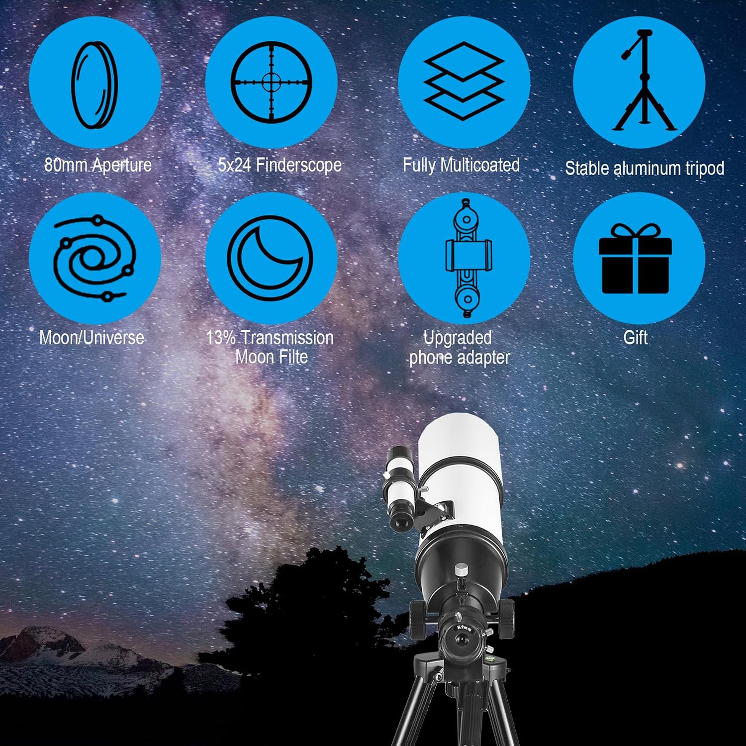 Telescope for Adults High Powered, 80mm Aperture 600mm AZ Mount Refractor Telescope for Kids Beginners - Portable