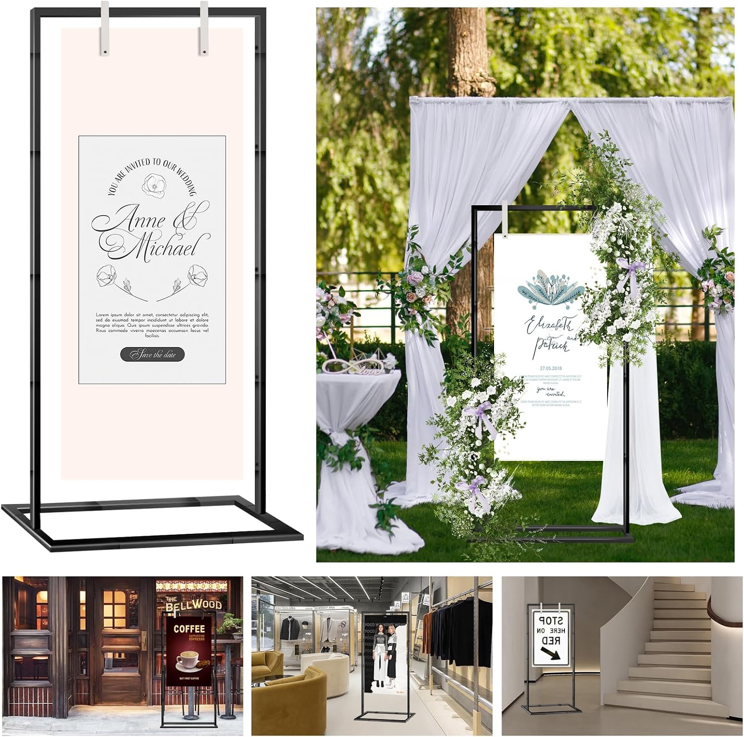 Wedding Sign Stand – Adjustable Metal Easel, 50" or 66" Floor Poster Holder, Black, Perfect for Wedding Welcome