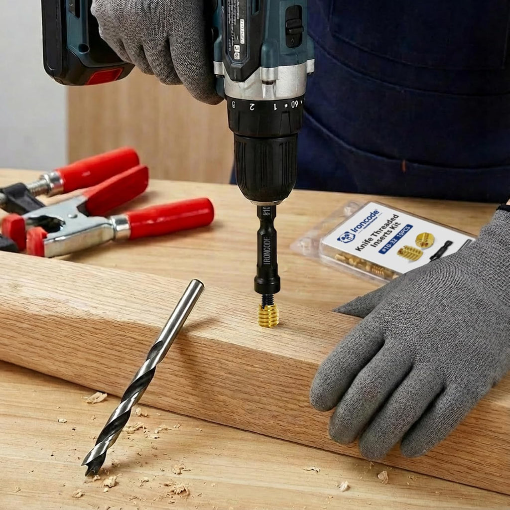Threaded Inserts for Wood, Installation Kit, Brass, Includes #8-32 Knife Thread Inserts (15pcs), Drill, Installation Tool
