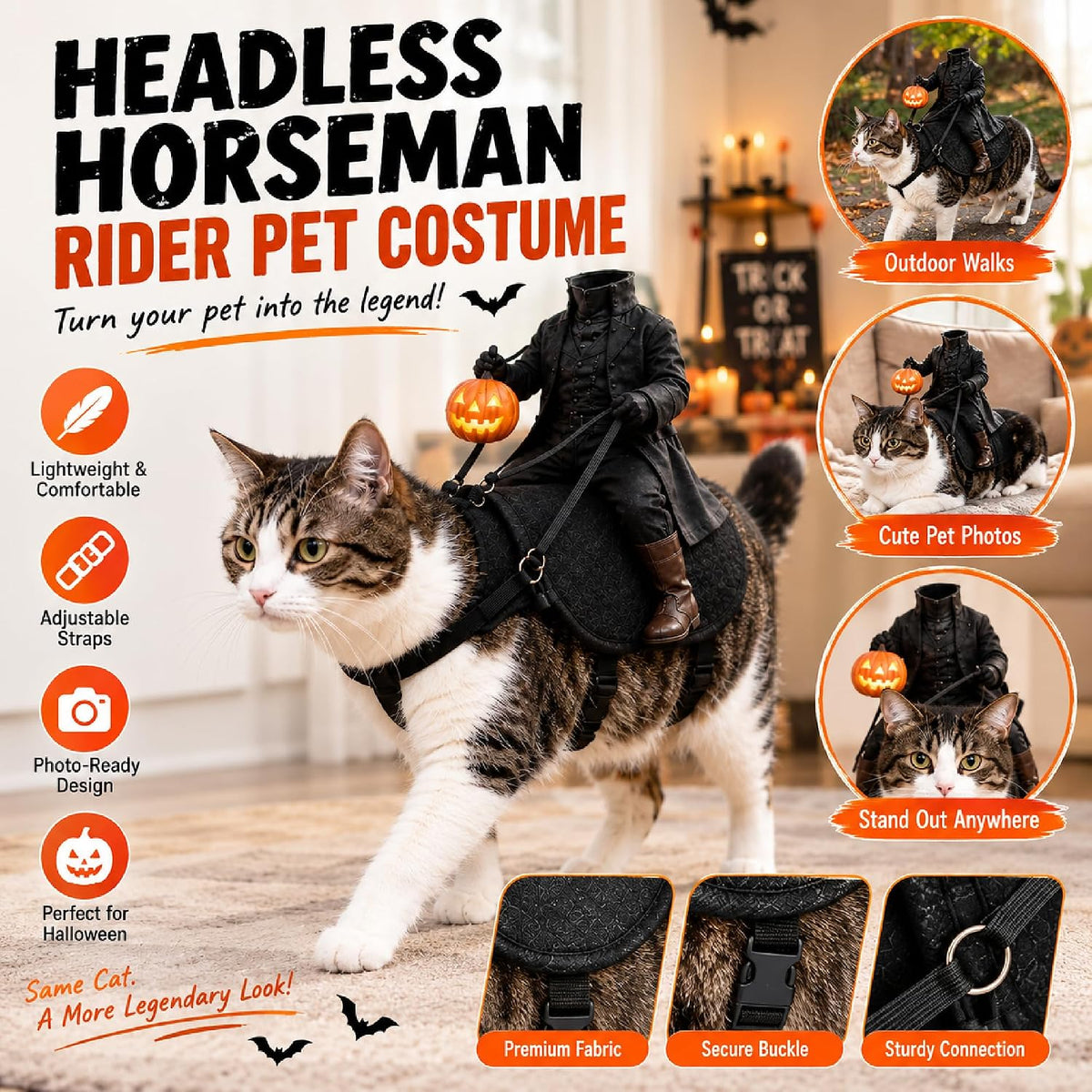 Headless Horseman Cat Costume, Halloween Rider Illusion Pet Outfit