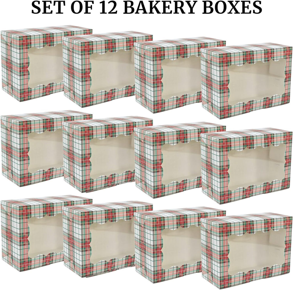 Christmas Cookie Boxes - 12 Pack - Tartan Plaid Bakery Gift Box with Window