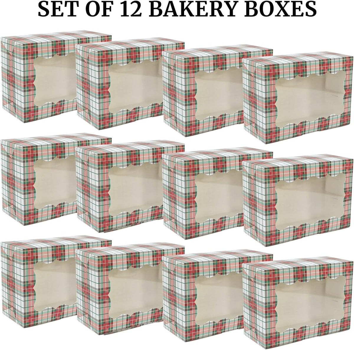 Christmas Cookie Boxes - 12 Pack - Tartan Plaid Bakery Gift Box with Window