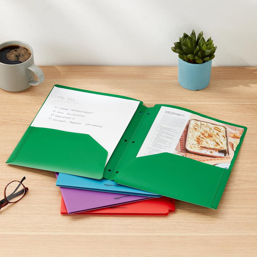 Plastic 3 Hole Punch Folders with 2 Pockets for Documents, Letter Size 8.5 x 11 inches, School Supplies, Assorted