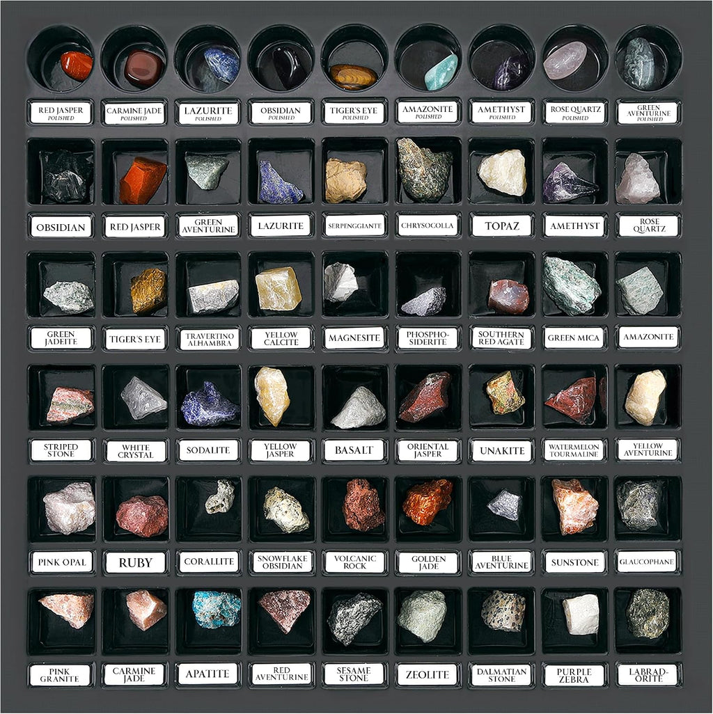 Rock Collection Starter Kit, 54 Rocks & Minerals with Name Labels | 9 Polished Gems, 45 Crystals & Stones, Rock ID