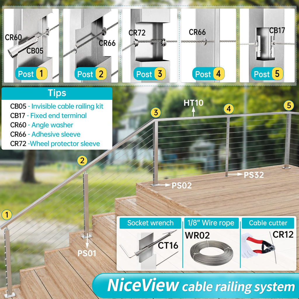 36" Brushed Cable Railing Post Surface Mount Angle Drilled PS01 LA4S