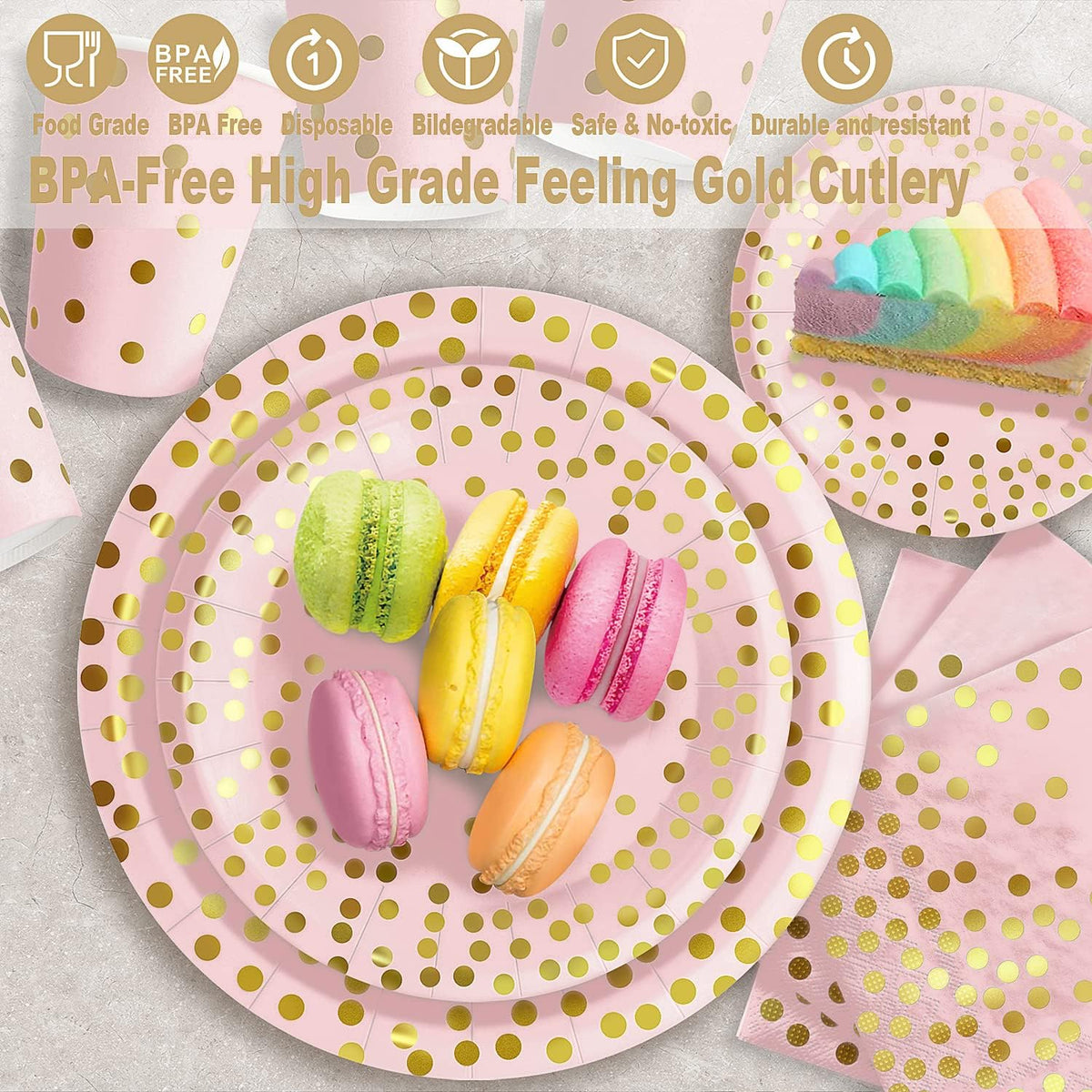 Pink Gold Paper Plates, 175PCS Disposable Dinnerware Set for 25 Guests