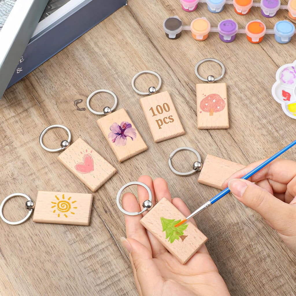100 Pcs Wood Keychain Blank, Unfinished Laser Engraving Blanks | With Key Rings, Rectangular Keychain Ring Tag Wood