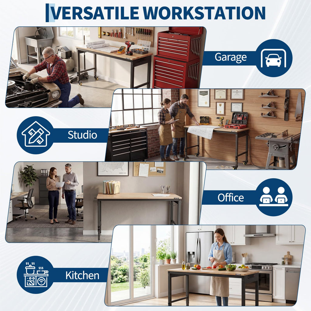 60 x 22 Inch Heavy-Duty Adjustable Height Workbench - 2000 LB Capacity Garage Work Table with Power Outlets, Locking