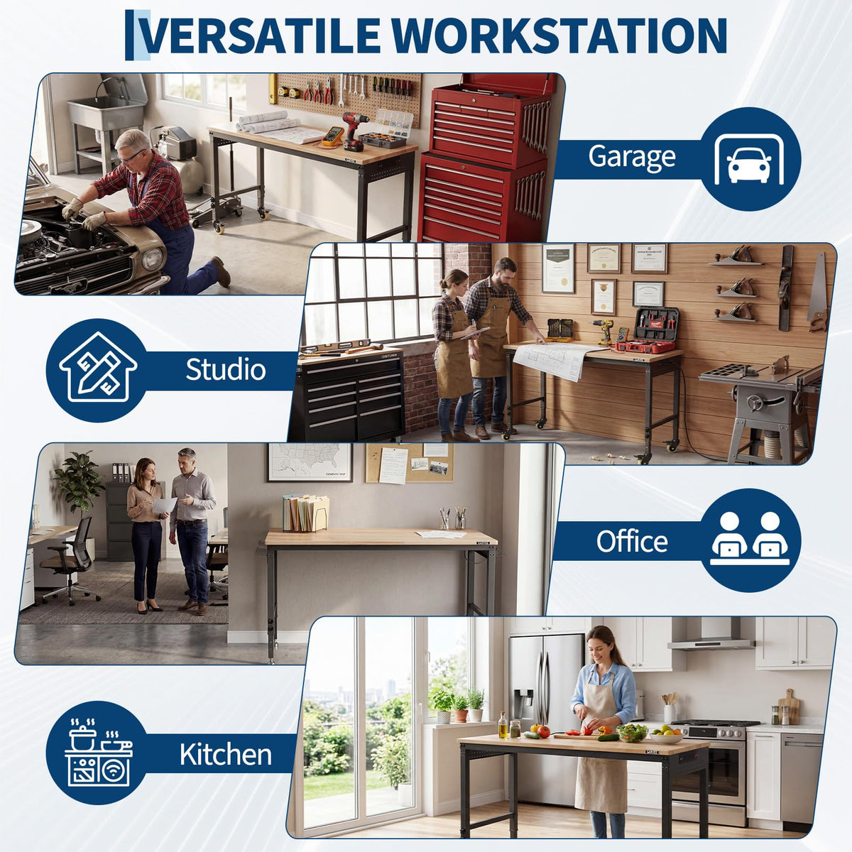 60 x 22 Inch Heavy-Duty Adjustable Height Workbench - 2000 LB Capacity Garage Work Table with Power Outlets, Locking