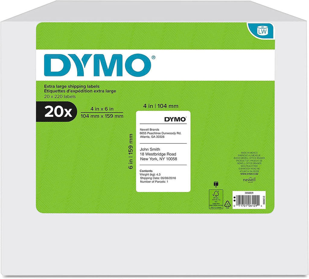 Authentic LW Extra-Large Shipping Labels for LabelWriter Label Printers, White, 4" x 6", 20 Rolls of 220 (4,400 Total)