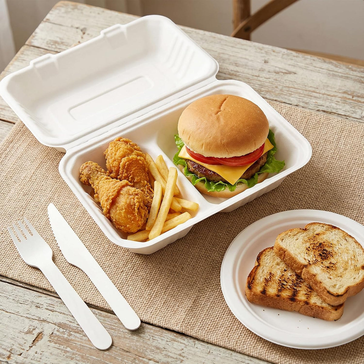 90 Pack 2-Compartment Clamshell Take Out Containers, 9" x 6" Compostable Hinged Food Containers Disposable Bagasse To