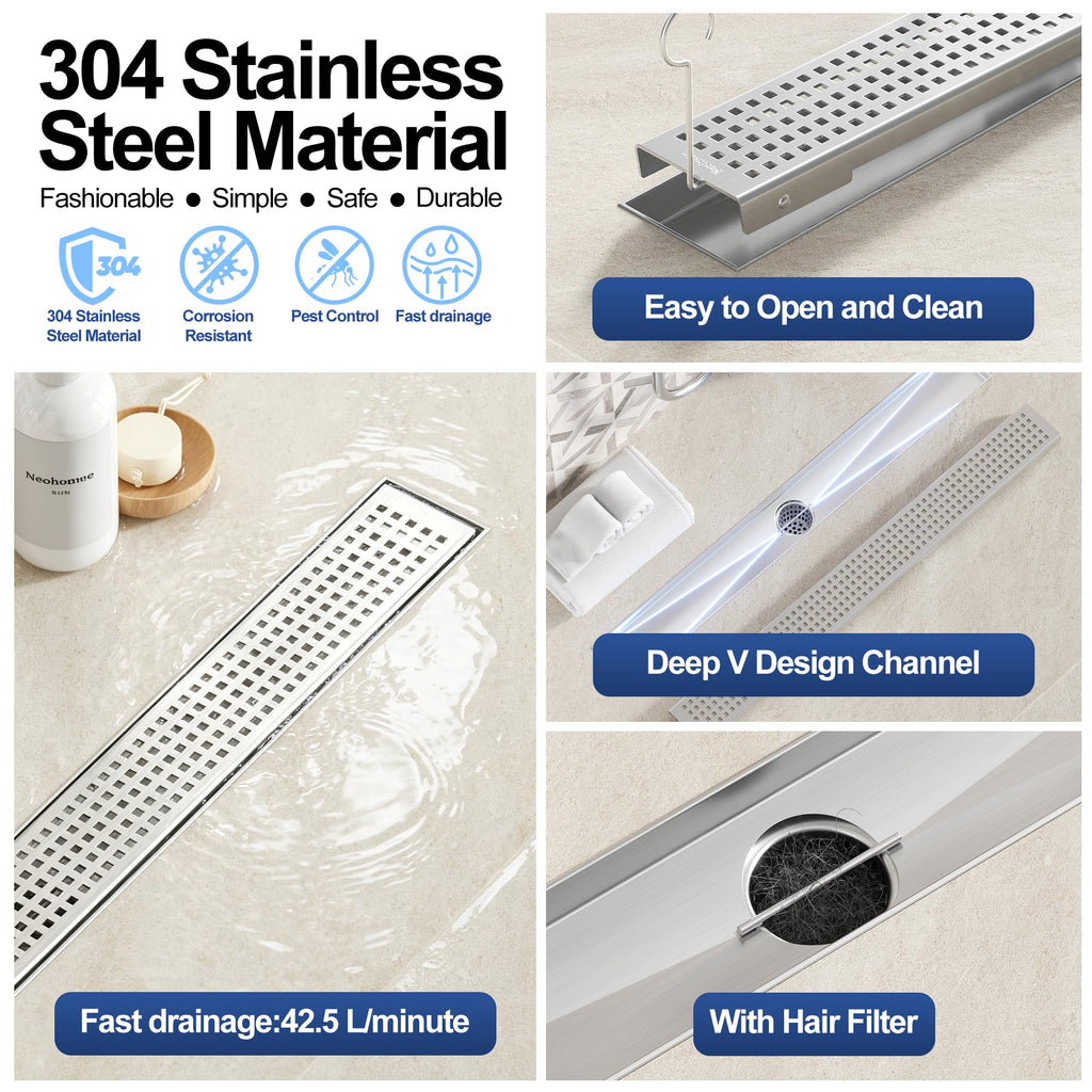 24" Linear Shower Drain, Brushed 304 SS Bathroom Linear Drain,cUPC