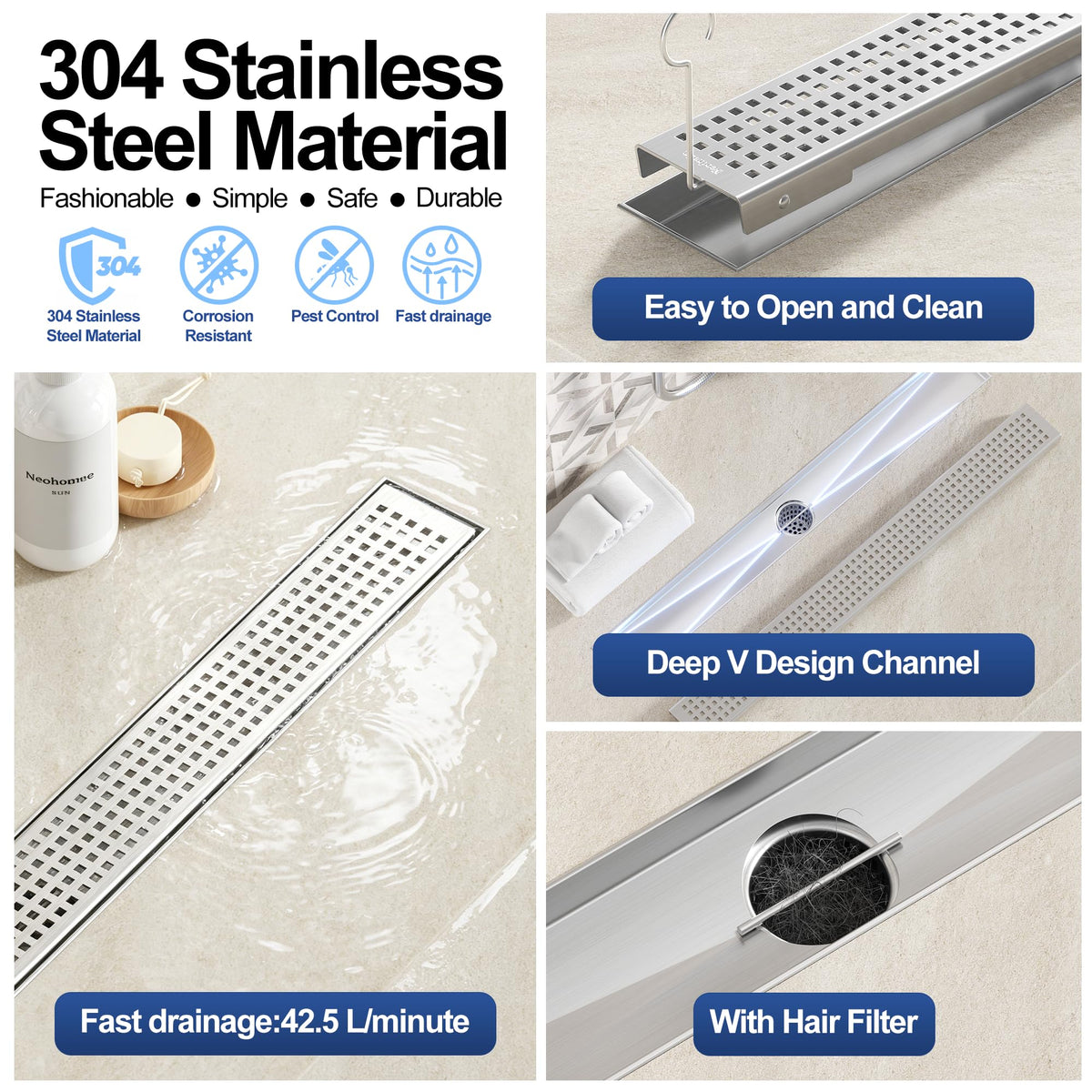 24" Linear Shower Drain, Brushed 304 SS Bathroom Linear Drain,cUPC