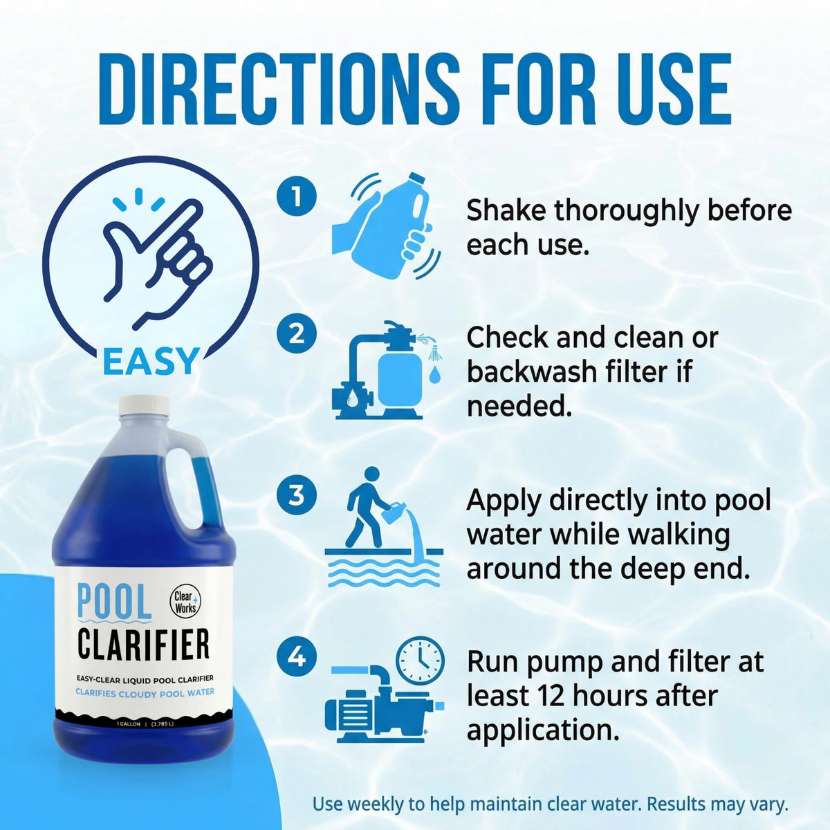 Pool Clarifier, Clarifier for Swimming Pool, 1 Gallon, Clear Works
