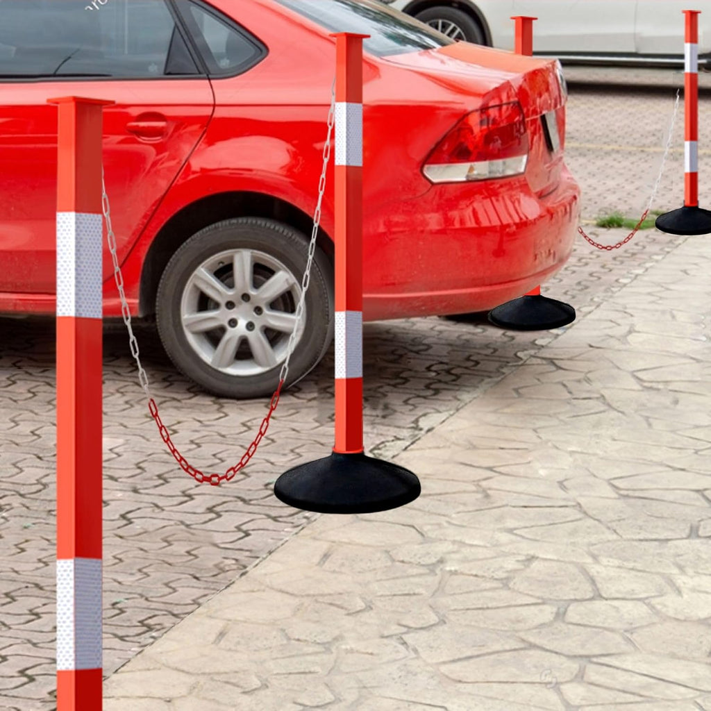 Traffic Delineator Post with Weighted Base & Reflective Collars, Adjustable Parking Cones with 4 FT Chains, Portable