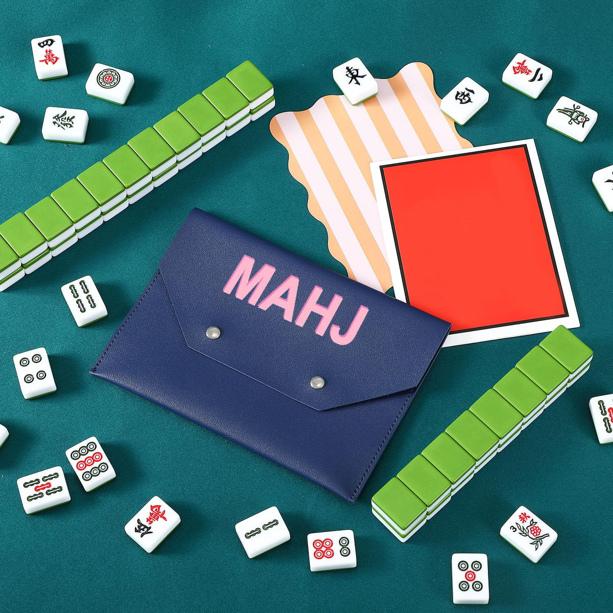 Leather Mahjong Card Holder Gift, Navy Blue, 9.5x6.8 Inch, Solid Color