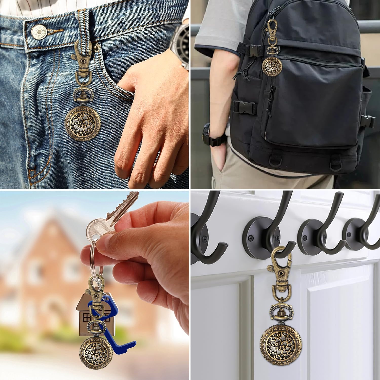 Star Hollow Design Men's Quartz Pocket Watch, Vintage Souvenir Gift Keychain and Chain Dual-Use Pocket Watch