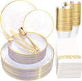 175 Pcs Plastic Dinnerware Set (25 Guests), Clear And Gold Plastic Plates, Hammered Party Plates Include Dinner