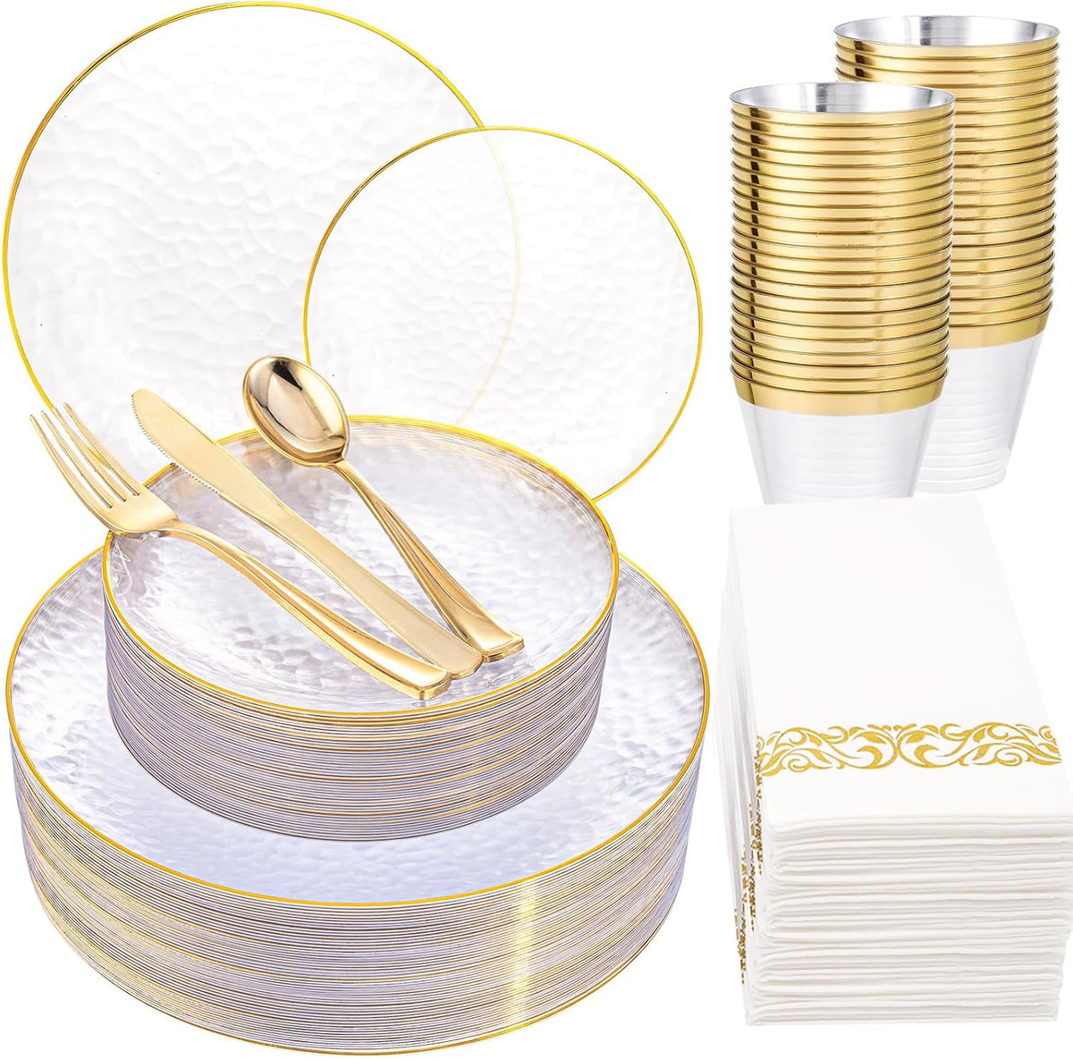 175 Pcs Plastic Dinnerware Set (25 Guests), Clear And Gold Plastic Plates, Hammered Party Plates Include Dinner