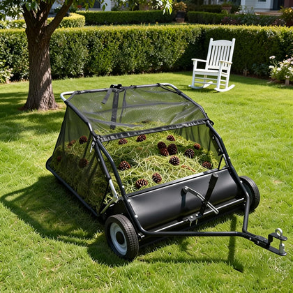 Tow Behind Lawn Sweeper,44 in Pull Behind Lawn Sweeper,25 cu.ft Large Capacity Leaf & Grass Collector,Heavy Duty