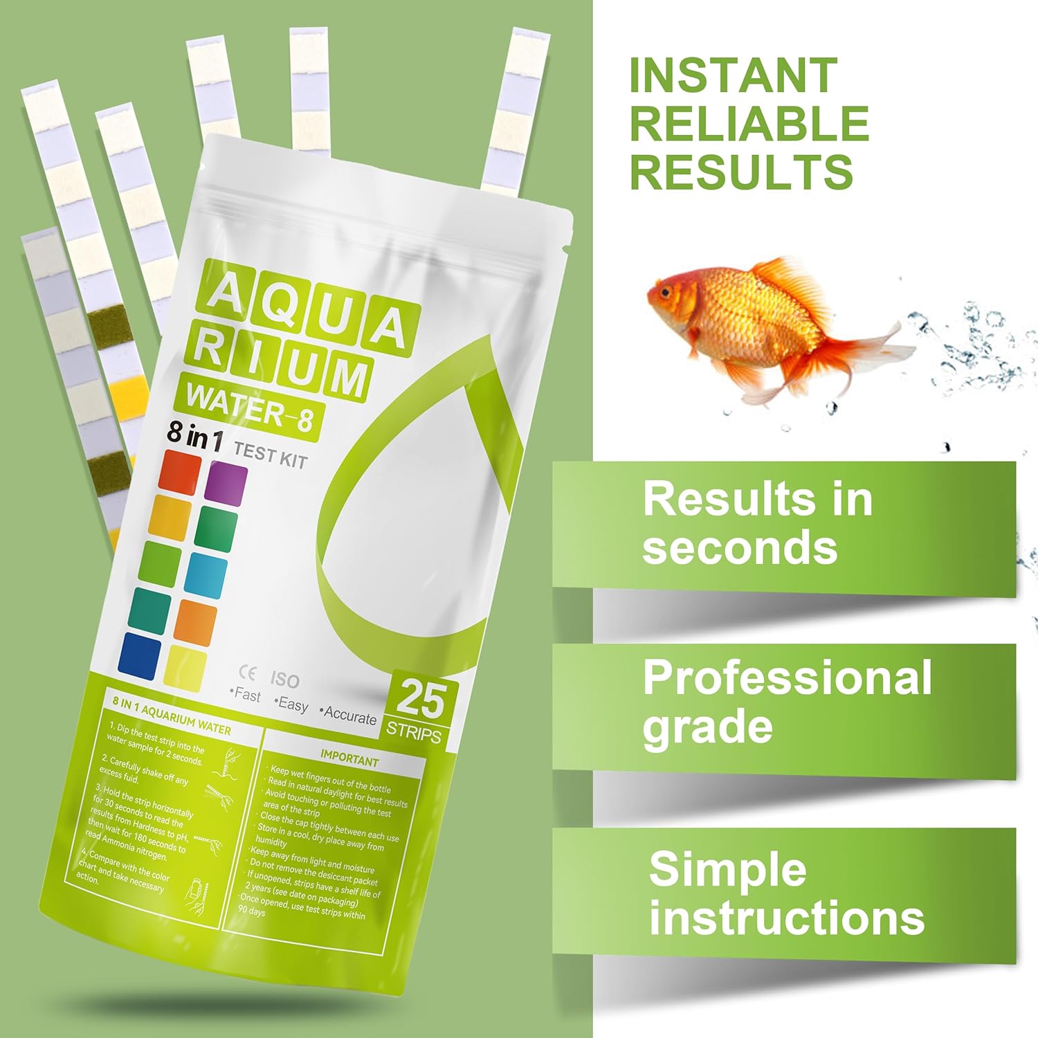 Aquarium Ammonia Test Strips 8-in-1 |25 Strips | Quick & Accurate Water Testing Test pH, Ammonia, Alkalinity