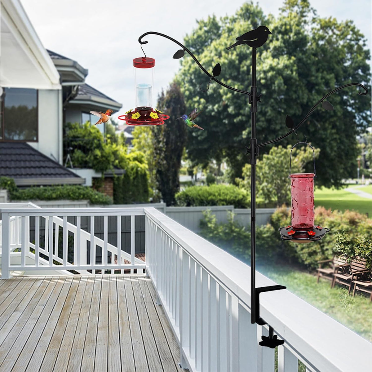 Deck Pole Bird Feeding Station Kit, Porch Multi Hook Bird Feeder Hanging Kit with Two Adjustable Branches, Attracting