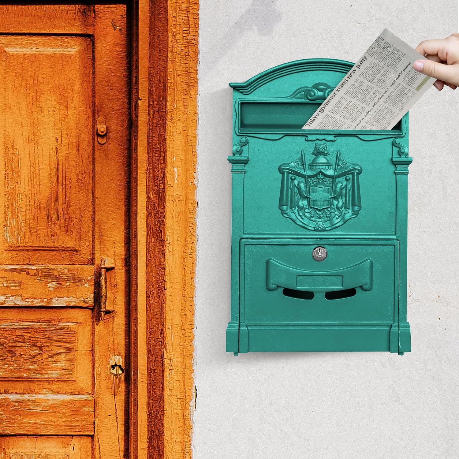 Wall-Mount Mailbox, Vintage Rust Resistant House Mailbox, Galvanized Steel Drop Mailboxes for Outside, Metal Post