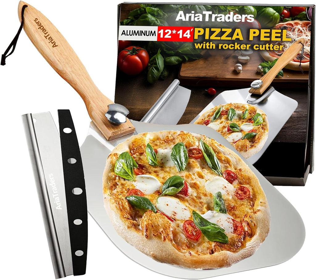 Aluminum Metal Pizza Peel (12" X 14"), Pizza Spatula with 14’’ Rocker Cutter, Pizza Paddle with Foldable Wooden