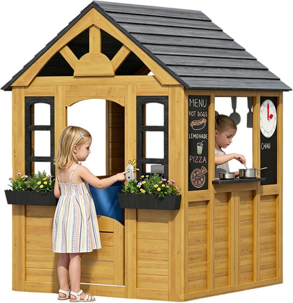 Kids Outdoor Playhouse Wood Play House Pretend PlayGames for Toddlers Ages 3-8 with Play Kitchen,Snack Bar,Pet