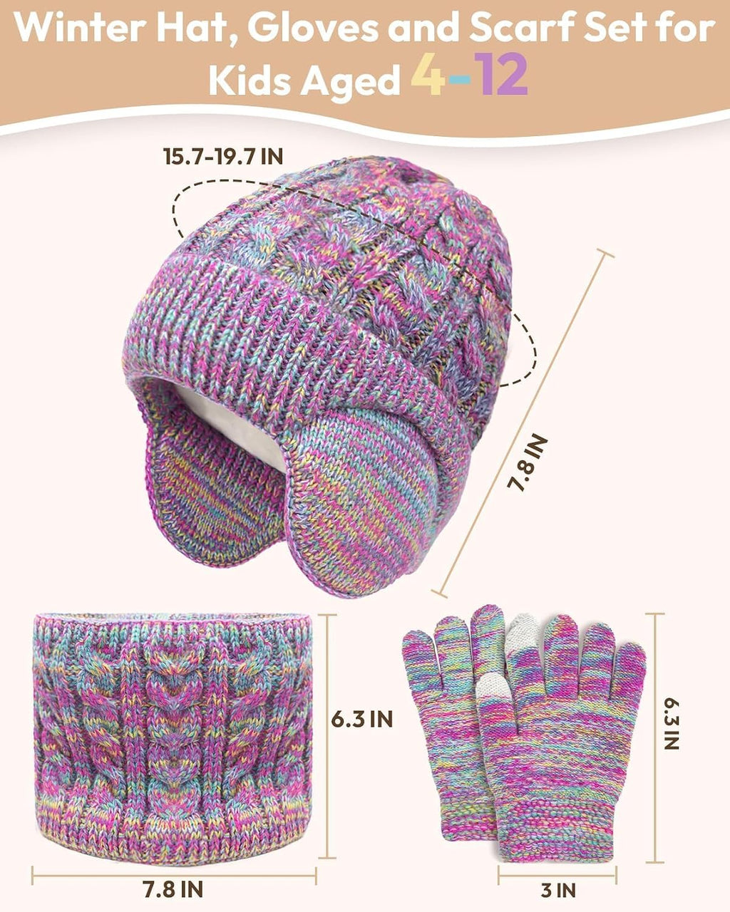 Kids Winter Hat Gloves Scarf Set,Toddler Girls Boys Beanie Hat with Earflaps,Knit Mittens & Neck Gaiter Warmer for